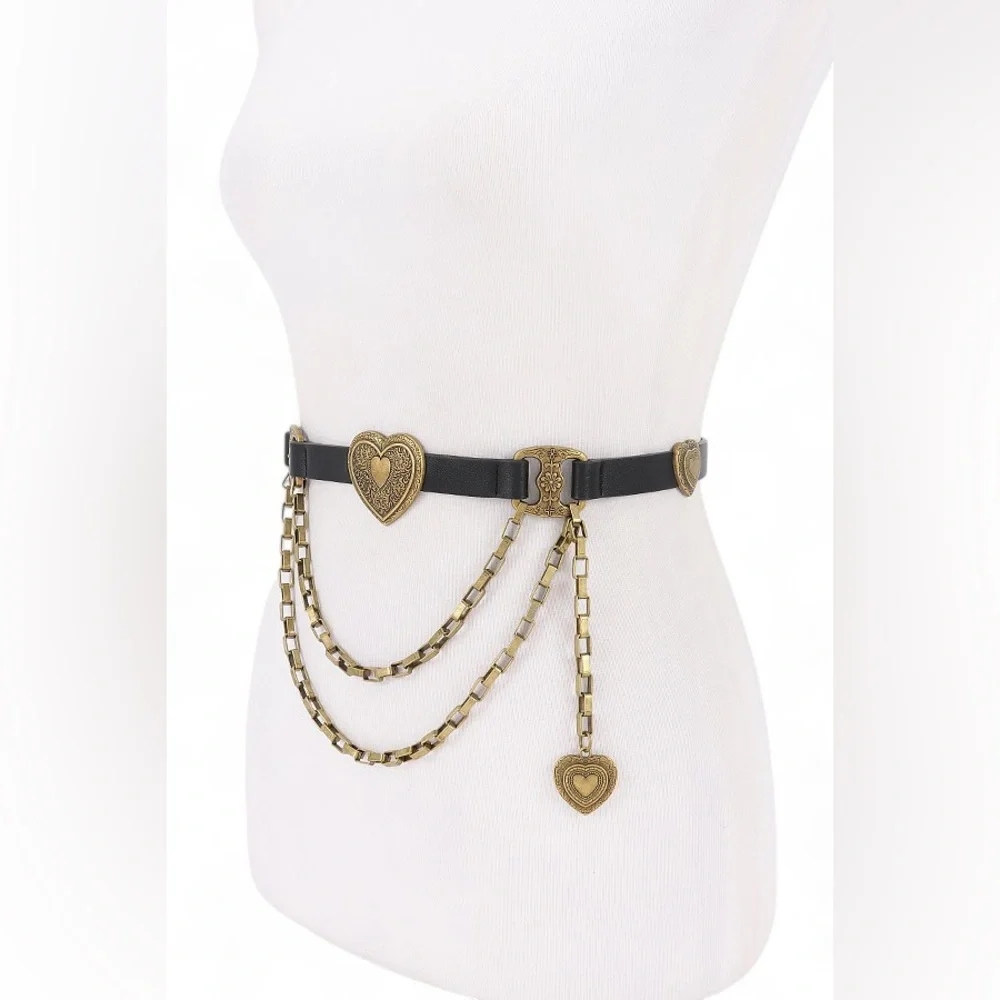 Black Vegan Leather Heart Chain Statement Belt - Gold or Silver